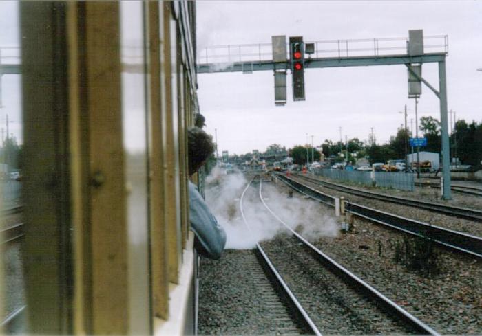 
The view looking towards Maitland from a tourist train hauled by steam loco
3830.  Barely visible at the distant station are an Xplorer set, steam loco
3810 and an Endeavour set.
