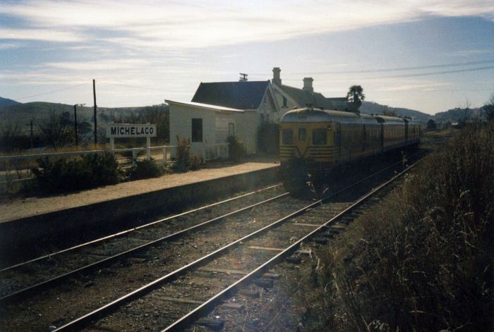 
A three-car diesel railcar set sits at Michelago station.
