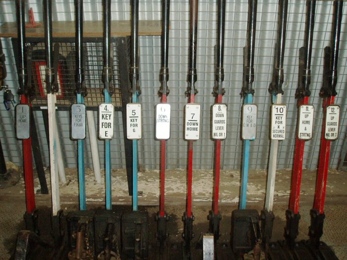 A close up view of the 12 lever frame in the Staff Hut.