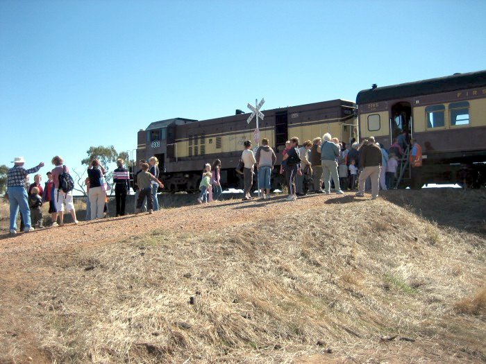 4 kms north of the site of Mullengudgery station, a dirt level crossing provides a makeshift "platform" for the boarding of passengers onto a tour train lead by 4908. Local children were being given a ride into Nyngan 20km further up the track.