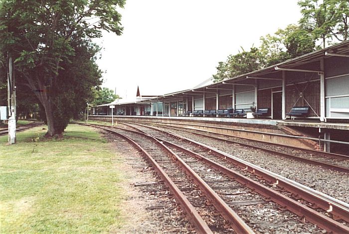 
The long curved platform at Murwillumbah, looking in the up direction.
The track through the trees on the left leads to the turntable.
