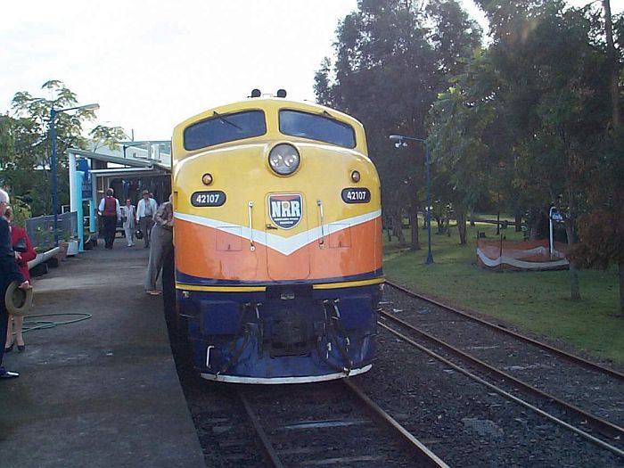 
Ex-State Rail unit 42107, now owned by the Northern River Railway, stands
at the station at the head of the Ritz Rail tourist train.
