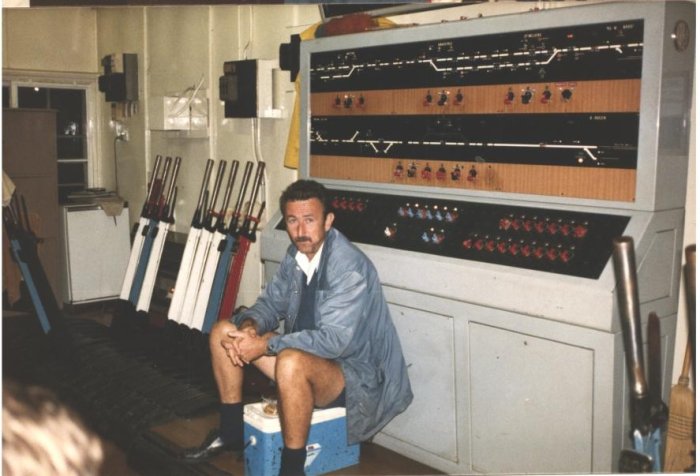 A view of the inside of the signal box showing the control panel.