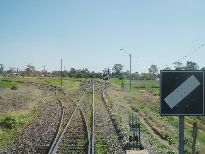 A view of Narrabri Junction North Fork, looking towards Narrabri West. The tracks on the left are for the Narrabri Junction Silo, the Main Line is straight ahead, and the line to Narrabri West Yard is on the right.