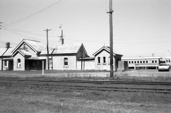 The view looking across to the road-side of the station building. The tracks it he foreground at the No 1 and 2 Marshalling Sidings.