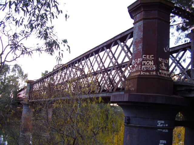 A closer view of the eastern side of the iron lattice girder bridge over the Murrumbidgee River at Narrandera.