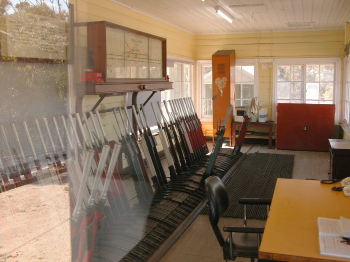 The interior of the signal box showing the lever frame and signal diagram.