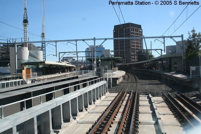 The view looking west towards the station. To the left of the photo are cranes which are slowly helping to alter the skyline over Parramatta Station.