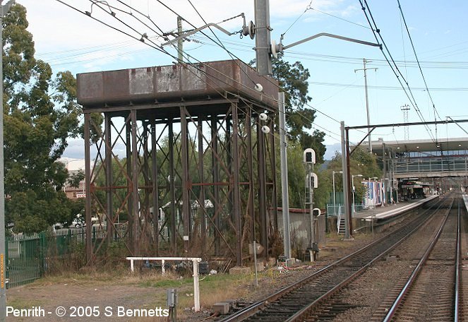 The old water tower, east of the station beside the down main at Penrith. At the right of photo from right to left is the Up main, the Down main and platform 3 at Penrith station. Photo is looking in a westerly direction.