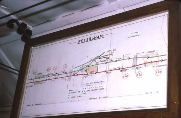 One of the oldest examples of a pneumatic signal box was Petersham. Although little used for many years it was opened for emergency working and sidings, there was also a frame B. The diagram shows its age.