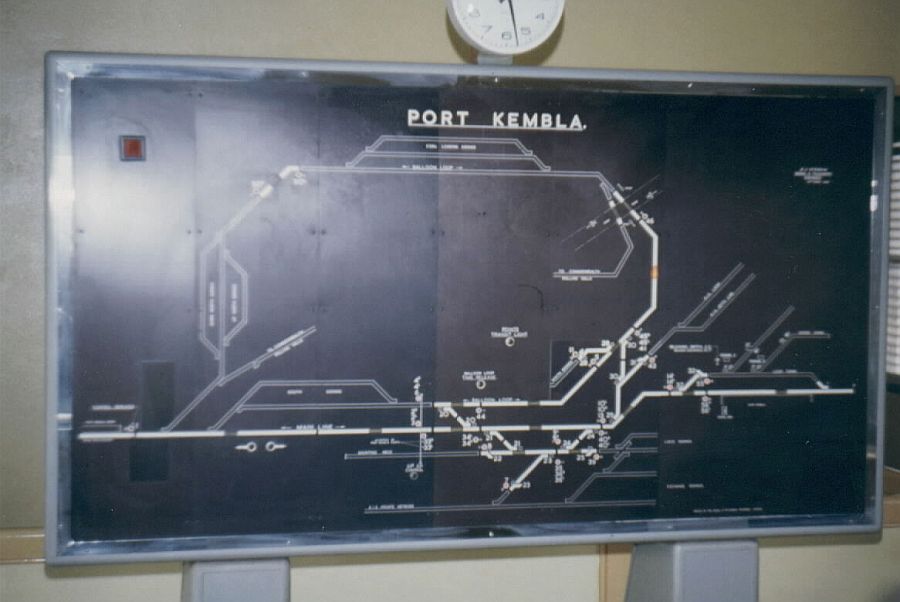 
The diagram inside Port Kembla signal box.  The diagram shows the balloon
loop and nearby siding entrances.  The box used a rotary switch panel.
