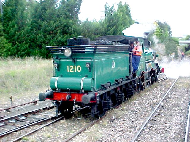 
Preserved steam locomotive 1210 running tender first through Queanbeyan yard.
