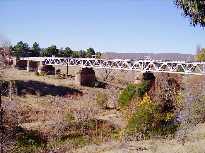 A view of the northern side of the single line bridge over the Queanbeyan River.