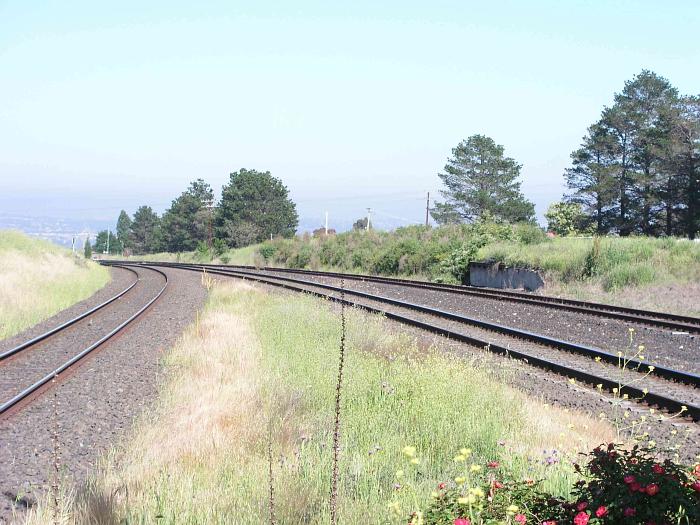 
The view looking towards Bathurst from the western end of the platform.  A small
loading bank is visible on the right of thr track.
