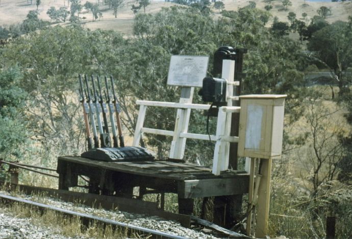 
The A lever frame, diagram and signal telephone at the up end of
this dead end siding.
