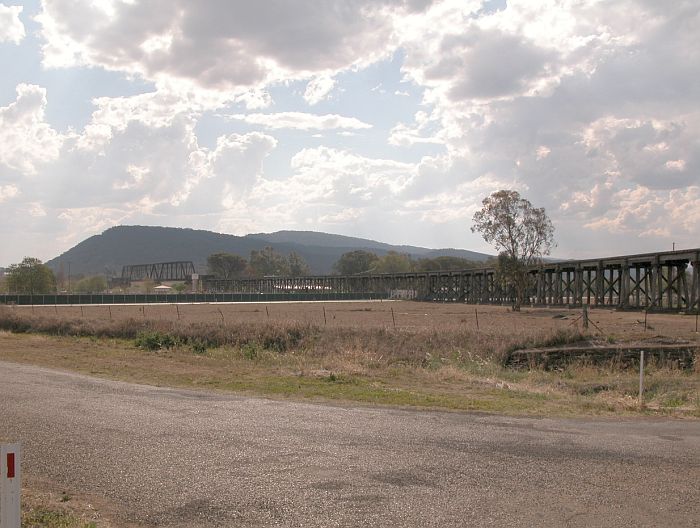 
Beyond the site of Rowan Street, the line line traverses an impressive
viaduct before the bridge over the Namoi River in the distance.
