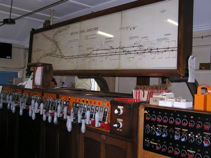 The diagram and points levers inside Sefton Park Junction signal box.