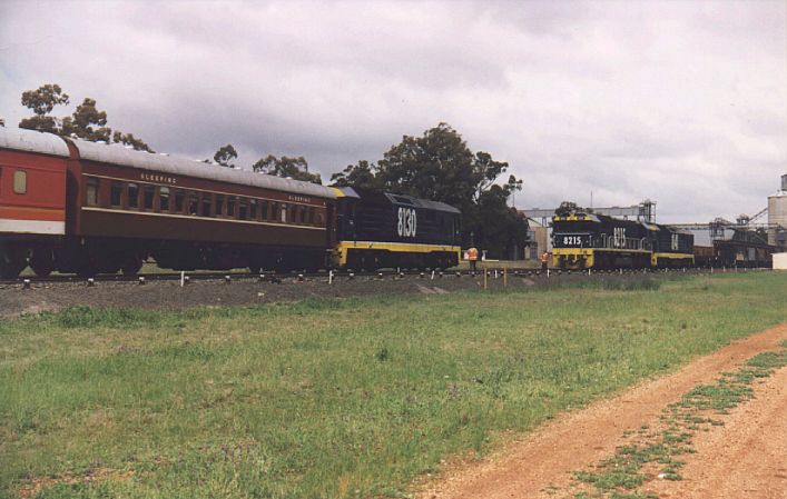 
8130 pulling an ARHS tour crosses 8215/8141 wheat train at Spring Ridge.
