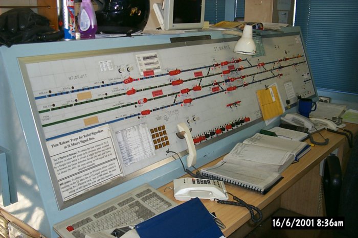 A view of the signaller's control desk at St Marys. Of note is that this is the point where the Main West reduces fro 4 tracks to 2.