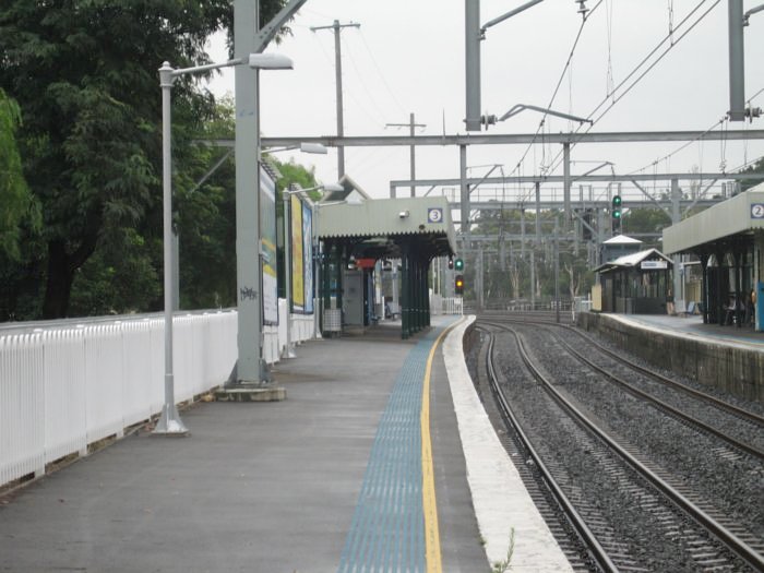 The view looking west along platform 3 towards Strathfield.