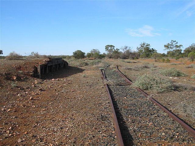 The remains of the yard at Tarcoon, facing in the direction of Brewarrina. The platform on the left is the loading platform.
