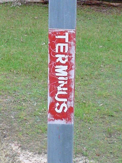 Tram Stop sign painted on an overhead wire stanchion.