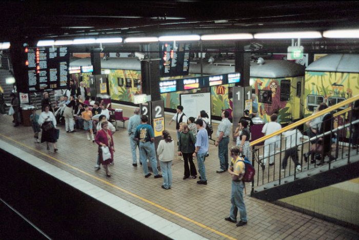The view looking down over platforms 1 and 2.  The "Zoo Train" is stopped at the station.