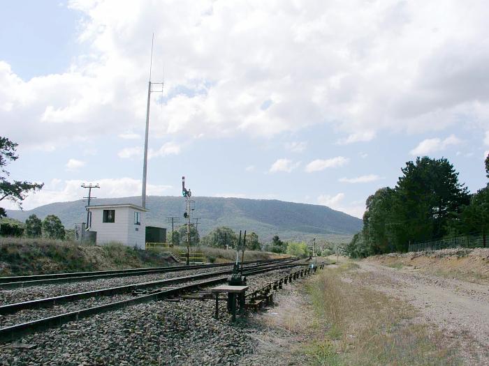 
The view looking up the line.  The station was located on the left hand side
of the line, where the mound and signal box lie.
