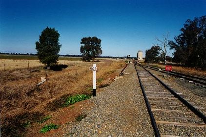 
The 509 mileage post, at the location where the up home signal once
stood.  This view is looking back towards Bogan Gate.
