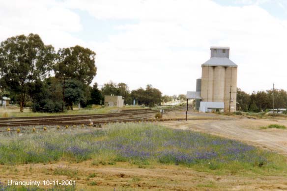
A view of the yard looking south.  The platform with a signalling hut
still remains.  The silos are still in use.  The one-time branch to
Kywong left the loop siding behind the silos.
