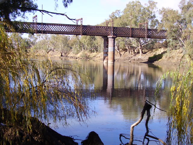 A view of the spans of the bridge over the Murrumbidgee River from the norther bank looking at the western side of the bridge.