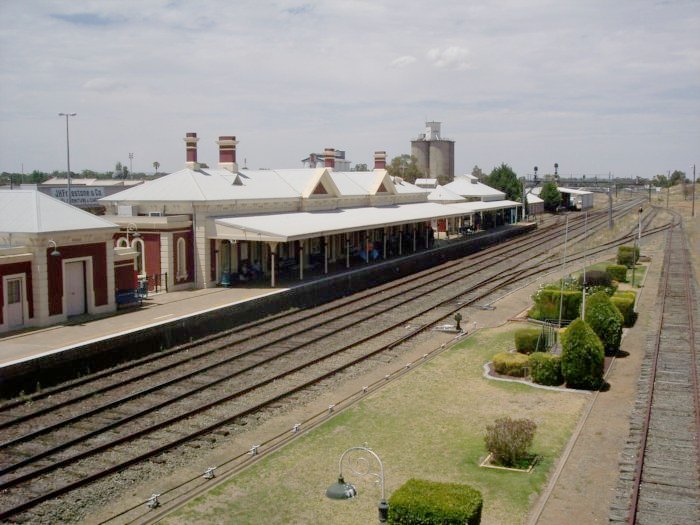 A view looking down in an easterly direction over the station. The third track fro the left is the former branch line to Tumbarumba.