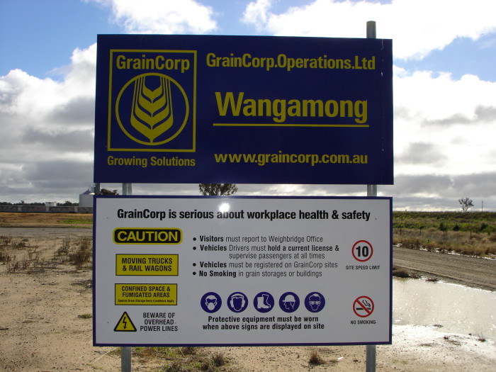 The GrainCorp sign at the entrance to the silo.
