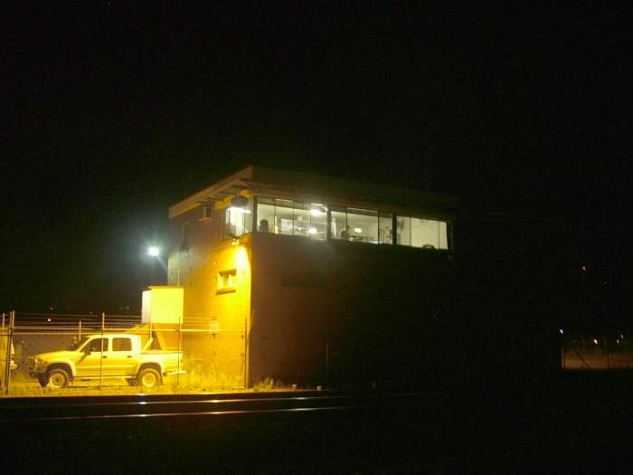 A night view of the Hanbury Junction signal box.