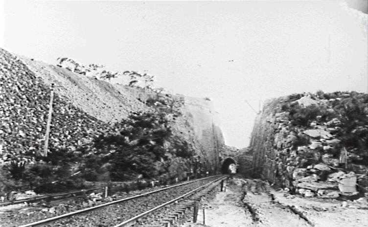 A copy of a photograph showing the tunnel being opened out.