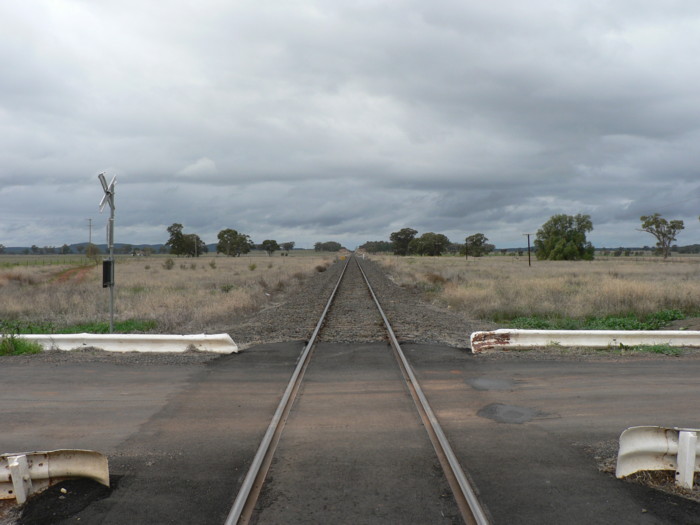 The view looking east. The one-time siding and platform was located just beyond the level crossing.