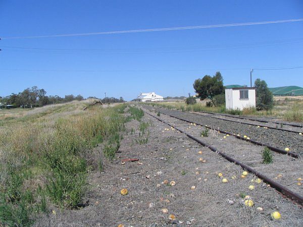 
The goods loading bank is still present, although the gods siding has been
lifted.  The remaining tracks are the loop and main line.  Note the
bulk grain stored under the green tarpaulins in the right background.
