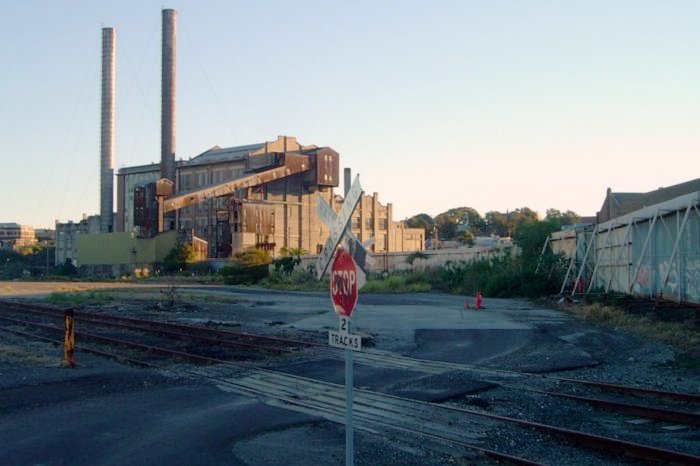 The White Bay Power station viewd from the east. The cleared area in the middle was the location of the former roundhouse engine shed, and turntable.