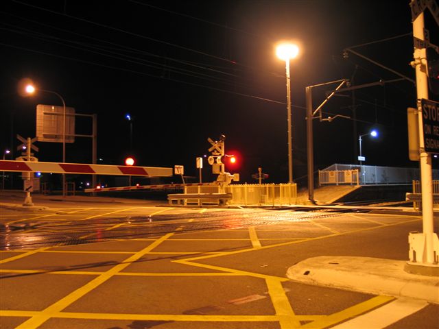 
A night shot of the level crossing at the Newcastle end of the station.
