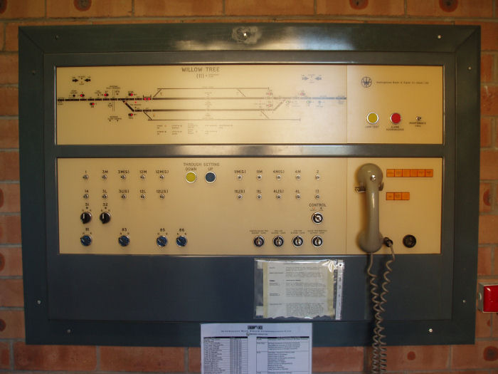 The local control board for Willow Tree yard. You can see that the signals are at clear for an Up (right to left) train to come into the loop, while the bankers are sitting at the platform on the main (2 red LEDs on left).
