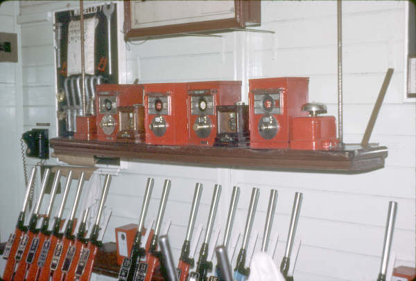 A 1980 picture showing the interior of Wingello Signal Box showing the block instruments.
