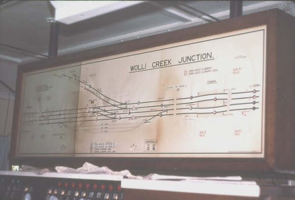 The diagram in Wolli Creek Junction Signal Box showing the line to East Hills running behind the Box.