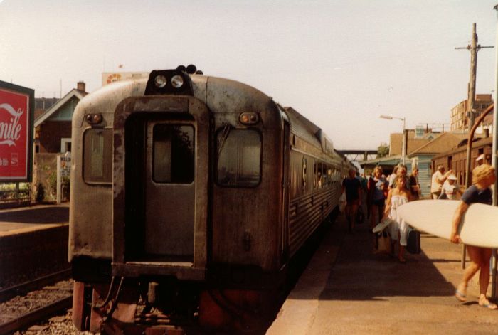 
A CPH railcar sits on the down dock on the left, while a southbound train of
Budd cars allows passengers to disembark.
