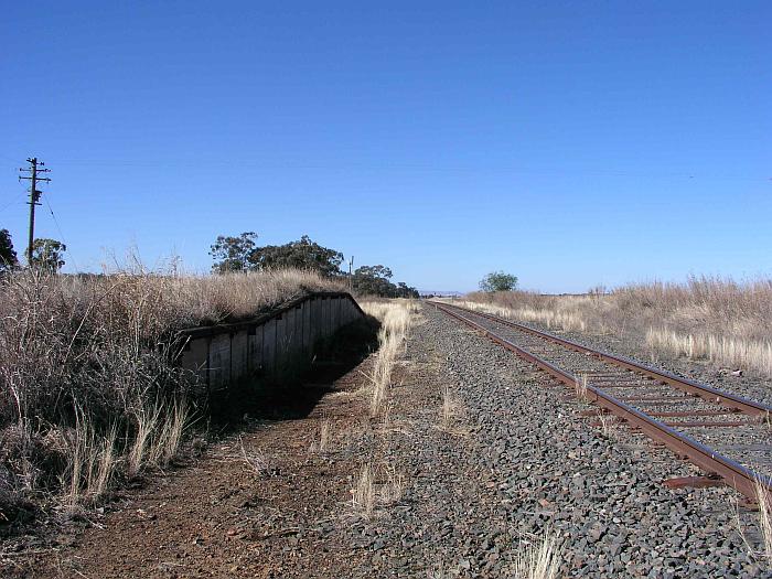 
The view looking east along the goods loading bank.  The goods and loop
sidings on the left and right side of the line have been lifted.  The
one-time station was in the distance.
