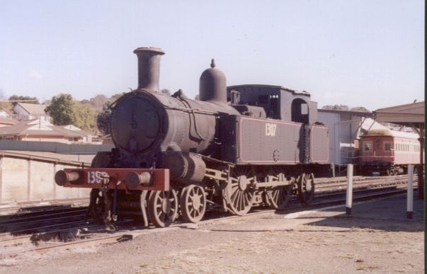 
A close-up of loco 1307 sitting on the main line.
